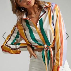 Showpo Amelie Multi Stripe Tie Front Top